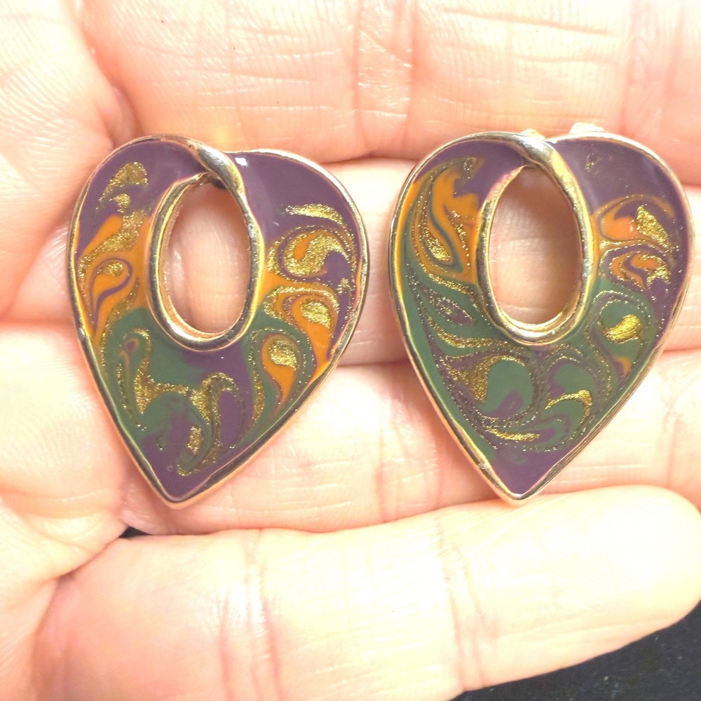 Vintage Heart Enamel Earrings Gold Tone Purple Green Marbled Statement Studs